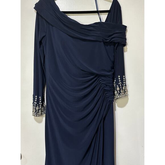 Mac Duggal Beaded Cuff Drop Shoulder Faux Wrap Long Navy Gown Size 14 NWT #12231 - Picture 6 of 15